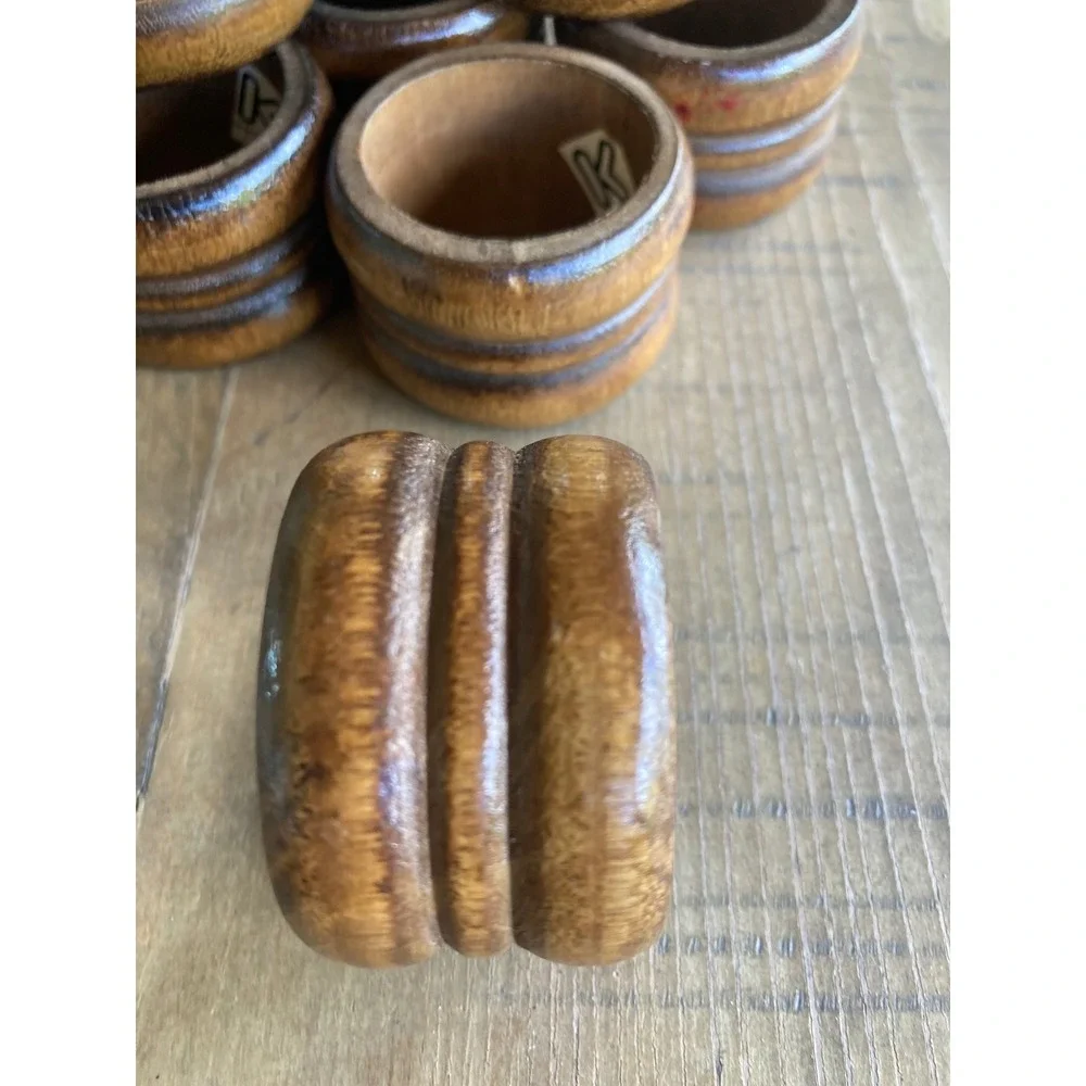 Vintage Knobler Taiwan Wood Napkin Rings Set of 7 Brown Double Groove MCM Rustic